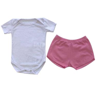 Imagem de Conjunto Body Manga Curta e Short Infantil Menina Algodão Rosa e Branco