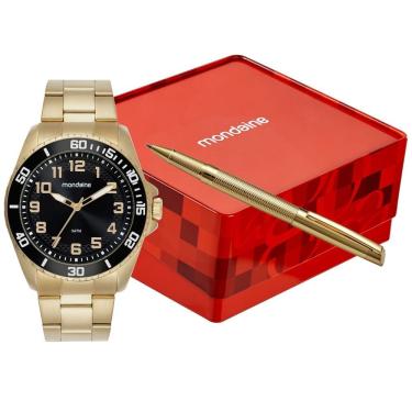 Imagem de Relógio Masculino Kit Relógio Dourado Fundo Preto Analógico Aço Inox Resistente à Água 5 ATM Mondaine 45MM