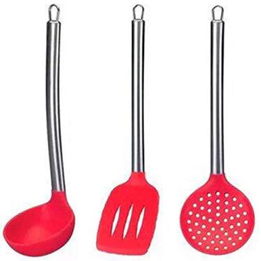 Imagem de Conjunto Utensílios Cozinha 3 Pçs Inox E Silicone Vermelho