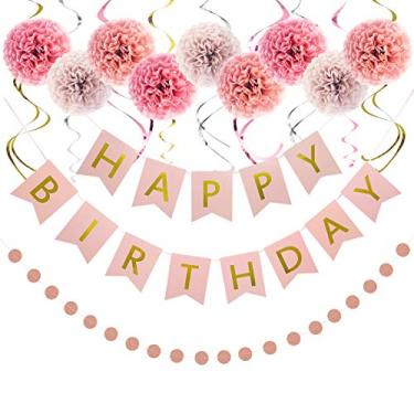 Imagem de Decorações de aniversário LITAUS rosa e dourado, decorações de aniversário para mulheres – Serve para 4 – Faixa de feliz aniversário, espirais para pendurar, guirlanda de papel e flores para festas de dinossauro, decorações de festa