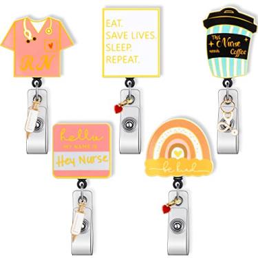Imagem de Carretel retrátil para enfermeira, 5 peças, porta-crachás retrátil, café com menta, Hey Nurse Pink Nurse Lay-Flat Shirt Save Lives, Be Kind Rainbow Badge Reel for Office Nurses Doctors