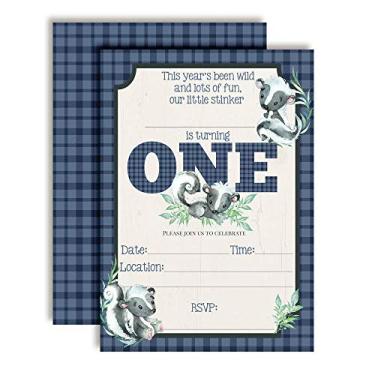 Imagem de Convites fofos para festa de primeiro aniversário Little Stinker para meninos, 20 cartões de 12,7 cm x 17,7 cm com vinte envelopes brancos da AmandaCreation