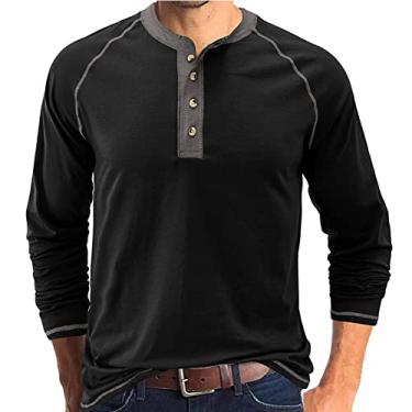 Imagem de NJNJGO Camiseta masculina Henley manga longa casual de algodão, Preto, XXG
