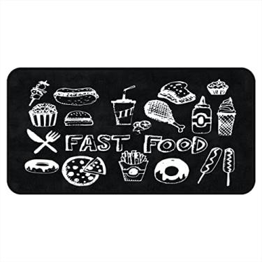 Imagem de Tapetes de cozinha símbolos ícones de fast food fundo preto tapetes e tapetes de área de cozinha antiderrapante tapete de cozinha lavável para chão de cozinha casa escritório pia lavanderia interior exterior 40x20 polegadas