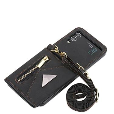 Imagem de Capa tipo carteira para celular com compartimento para cartão para Samsung Flip4 5G Bolsa com cordão de couro capa traseira, preta, para Galaxy Z Flip4 5G