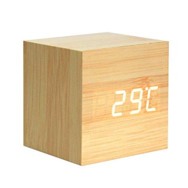 Imagem de Despertador de madeira Lanker – Relógio digital de LED com visor de hora/data/temperatura, 3 níveis de brilho e controle de voz, ótimo para viagens em casa e escritório – AC10Amarelo _ Branco