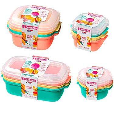 Imagem de 3 potes coloridos com tampas para mantimentos 480ml, 3 potes 530ml, 3 potes 1100ml e 3 potes 1300ml Sanremo