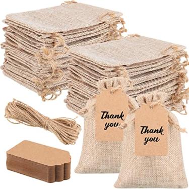Imagem de Woanger 100 sacos de presente de serapilheira com 100 etiquetas de papel kraft para presente de 10 x 15 cm, sacos de aniagem com cordão, saco de estopa a granel, bolsas pequenas, bolsas de joias para festa de casamento, artesanato faça você mesmo