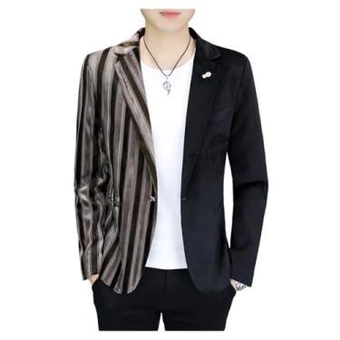 Imagem de Blazer masculino casual, listrado, listrado, lapela e pescoço, casaco casual, Cáqui, 3G
