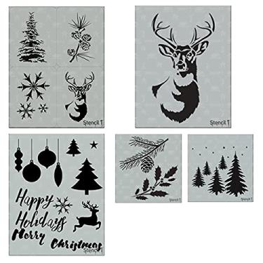 Imagem de Conjunto de 5 estêncil, Natal, motivos de inverno, artesanato em papel, ramos perenes de azevinho, floresta, embalagem com 8 cartões, veado com chifres, mylar cortado a laser da Stencil1. Feito nos