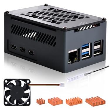 Imagem de GeeekPi Capa de alumínio para Raspberry Pi 5, com ventilador PWM e dissipadores de calor de cobre, suporta cooler ativo oficial, compatível com placa periférica PCIe
