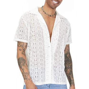 Imagem de URRU Camisa masculina de renda floral, manga curta, vazada, transparente, transparente, casual, abotoada, Branco, M