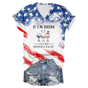 Imagem de Camiseta feminina de 4 de julho com bandeira dos EUA, taças de vinho, estampada, gola V, manga curta, camiseta do Dia da Independência, Vermelho, GG