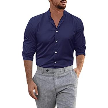 Imagem de ZDDO Camisas casuais masculinas de botão, camisas sociais de outono hipster seda sólida slim fit manga comprida gola alta, 011 x azul escuro, XG