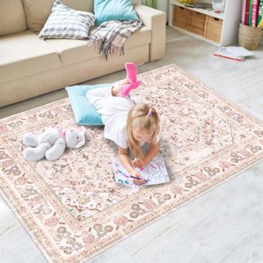 Imagem de Vhong Tapetes rosa laváveis boho vintage moderno neutro pequeno tapete 3 × 5 alto tráfego tapetes para sala de jantar, sala de estar, quarto, quarto de meninas, quarto de bebê, antiderrapante