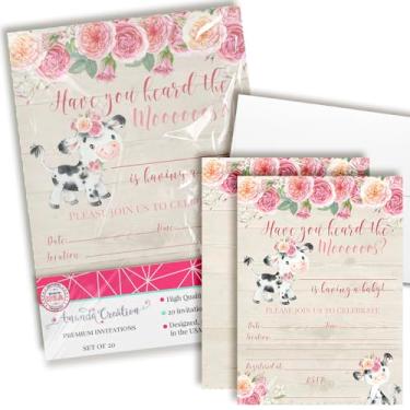 Imagem de Convites de chá de bebê floral rosa aquarela com tema de vaca, 20 cartões preenchidos de 12,7 x 17,7 cm com vinte envelopes brancos por AmandaCreation