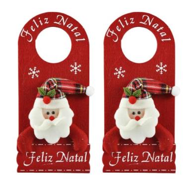 Imagem de Kit 2 Decora Maçaneta Feliz Natal Pelúcia Papai Noel Gorro Xadrez 30cm - Master Christmas