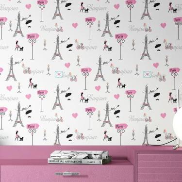 Imagem de Papel de Parede Adesivo Lavável Quarto Feminino Juvenil Rosa Paris Tee