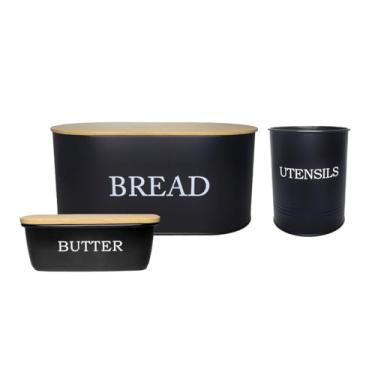 Imagem de Genérico, Porta Pao Manteigueira Porta Utensilios Pote Aço Preto Bambu