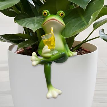 Imagem de LynsaTac Vaso de sapo pendurado na borda do vaso de flores decorativo de vidro para pendurar no jardim ao ar livre simulação de ornamentos de resina animal (verde 5172)