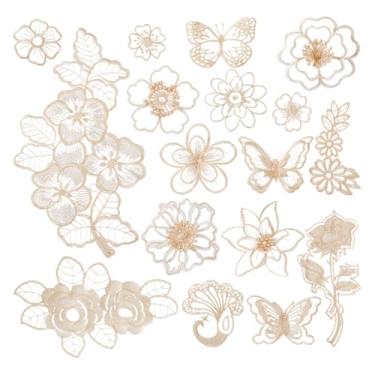 Imagem de AHANDMAKER 17 peças, apliques de renda bordados, apliques de renda de flores, apliques costurados em borboleta, apliques de renda bege para consertar roupas, decoração de vestido de noiva, artesanato