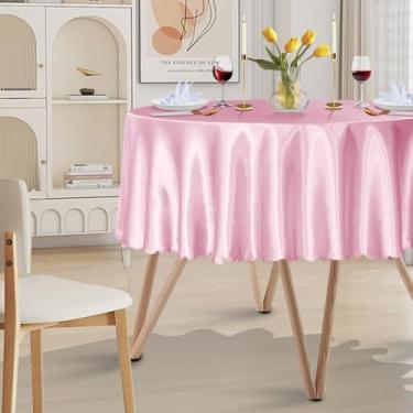 Imagem de Cobedzy Pacote com 1 toalha de mesa redonda de cetim de 178 cm, toalha de mesa de jantar de cetim rosa, sobreposição de seda, toalhas de mesa de jantar para casamento, festa, banquete, eventos,