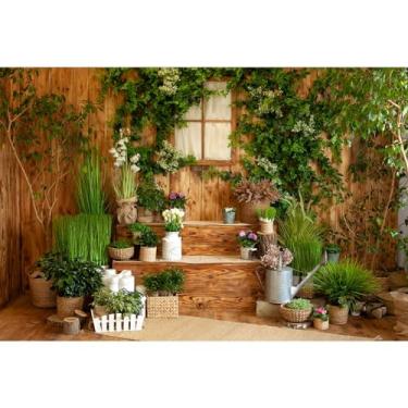 Imagem de Pano de fundo rústico terraço casa de campo varanda crescendo plantas em vasos fotografia fundo primavera quintal interior decorações de páscoa cenários de jardinagem pátio de casa de madeira banner