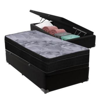 Imagem de Cama Box Baú Solteiro Preto + Colchão Pampa Molas Ensacadas Ortobom