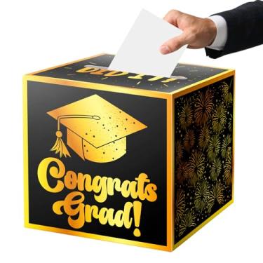 Imagem de Jaywayang Caixa de cartão de formatura, porta-cartões de graduação de parabéns, caixa de cartões de presente de formatura preta e dourada para decorações de festa de formatura, lembrancinhas,