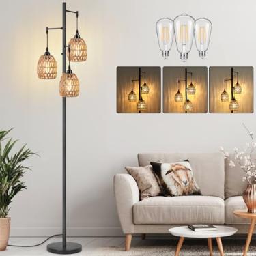Imagem de BrightHome Luminária De Chão Boho Rattan, Luminárias De Pé Para Sala De Estar, Luminária De Chão Regulável Com Cúpula De Gaiola, Luminárias De Chão Industriais De Fazenda, Luminárias De Chão Rústic