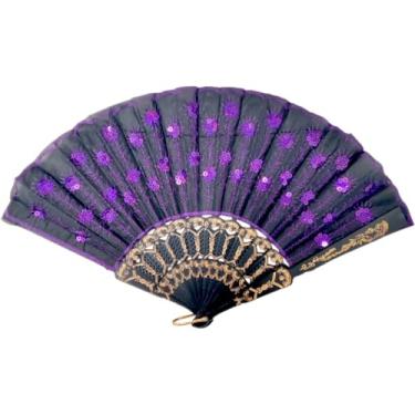 Imagem de Leque Tecido Lantejoula Brilhante Varias Estampas Madeira Escuro Oriental Japonês Gueixa(Roxo)