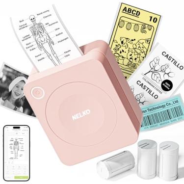 Imagem de Nelko Impressora de adesivos, miniimpressora PM230 de impressão portátil Bluetooth com 3 rolos de papel, mini impressora de cápsulas de impressão com vários modelos para telefone e tablet, rosa