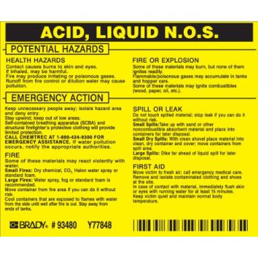 Imagem de Brady 93480, Etiqueta do material perigoso: Ponto 5800.4-1987, 9,5 cm de altura x 11,5 cm de largura, preto em amarelo, legenda "Acid, Liquid N.O.S." (25 por embalagem)