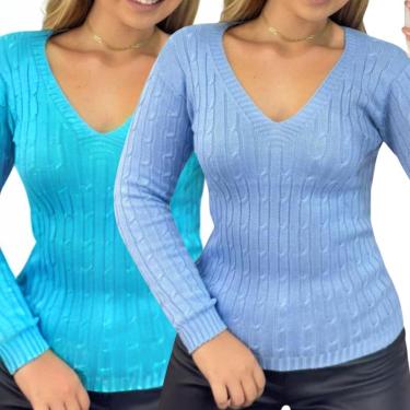 Imagem de Kit 2 Blusas Industrie Femininas Suéter Malha Turquesa e Bebê Tricô Manga Longa Tamanho:Único;Cor:-Feminino
