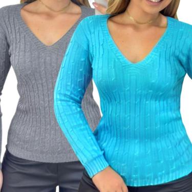 Imagem de Kit 2 Blusas Industrie Femininas Suéter Malha Tricô Chumbo e Turquesa Manga Longa Tamanho:Único;Cor:-Feminino