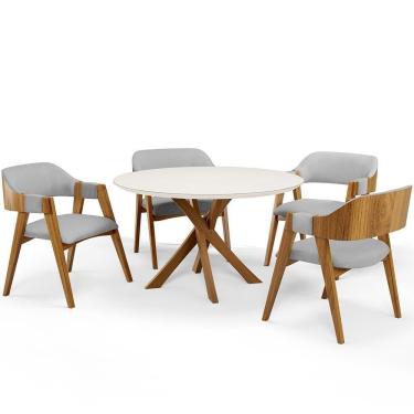 Imagem de Mesa De Jantar Redonda Cora 120cm Off White M04 Com 04 Cadeiras Living Suran Linho Cinza - Lyam
