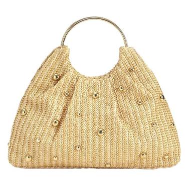 Imagem de Bolsa clutch de palha moderna para mulheres, redonda, portátil, à noite, requintada bolsa de contas de metal, festa, casamento, alça superior, Damasco, Medium