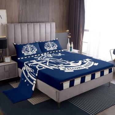 Imagem de Feelyou Jogo de cama casal com âncora náutica infantil, âncora de veleiro, decoração de quarto de meninos e meninas, bússola costeira, 1 lençol com elástico + 2 fronhas + 1 lençol de cima