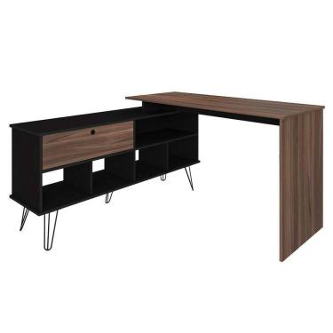 Imagem de Mesa Escrivaninha Em L Com Porta E 6 Nichos Hawaii Ipê/preto