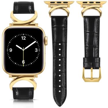 Imagem de mxiixnai Pulseira de couro feminina compatível com Apple Watch séries 10/9/8/7/6/4/3/2/1/se/Ultra/Ultra 2 (49 mm, 46 mm, 45 mm, 44 mm e 42 mm, estampa de crocodilo, preto/dourado)