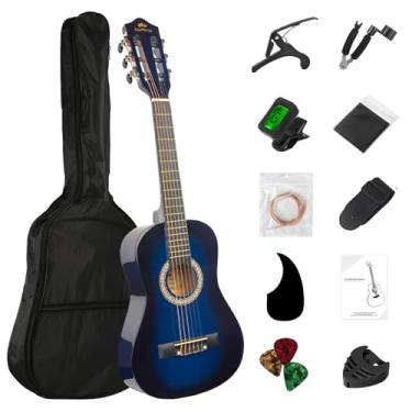 Imagem de BESYOU Kit básico de afinador de guitarra acústica para iniciantes de 76,2 cm, bolsa de afinador, capo, cordas enroladoras, palhetas de alunos/crianças, com bolsa de shows azul