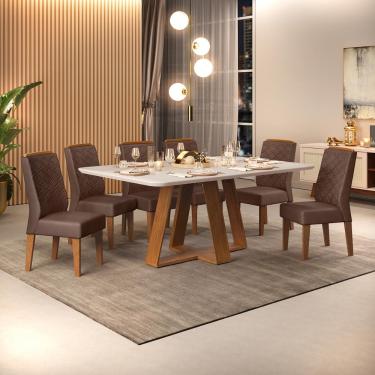 Imagem de Conjunto de Sala de Jantar 6 Cadeiras Tampo SEM VIDRO 170x90 DJ Móveis Kiara Freijó Lidia Moca