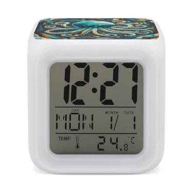 Imagem de RTFGHJS Despertador abstrato polvo colorido despertador pequeno visor LED despertador digital relógio compacto relógio eletrônico para quartos cabeceira mesa prateleira tamanho único
