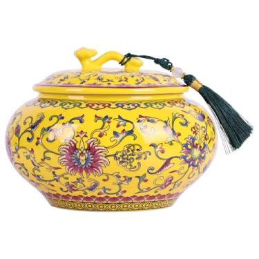 Imagem de Pote decorativo de gengibre esmaltado de cerâmica para decoração de casa - jarra de armazenamento de porcelana azul e branca, vaso de flores chinoiserie, recipiente decorativo multiuso (amarelo)