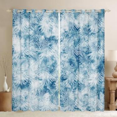 Imagem de Cortina de janela tie-dye azul-marinho com estampa de folha de palmeira branca para crianças, homens, mulheres, adultos, sala de estar, cortinas com padrão de plantas tropicais, retrô, estilo boho, 2