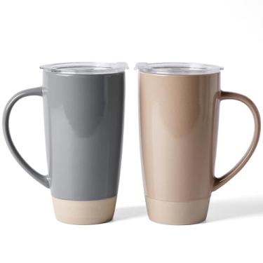 Imagem de famiware Canecas de café Milkyway, caneca de café grande de 590 ml, conjunto de 2 canecas de cerâmica com tampa, conjunto de copos com alça para latte, chá, cacau, leite, casa e escritório, marrom