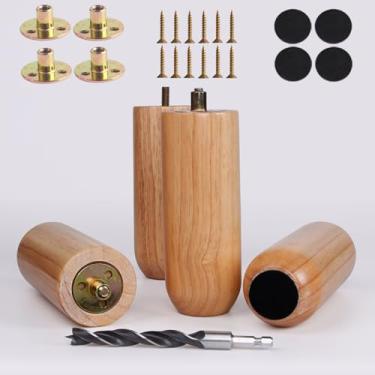 Imagem de Conjunto de 4 pernas de móveis de madeira natural resistente de 15 cm - Pernas de madeira cilíndrica sólida para sofá, sofá e mesa - Pés de substituição resistentes envernizados (Patas para Muebles)