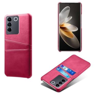 Imagem de Capas Compatível com VIVO S16e,Caso de couro PU-Tampa de telefone a prova de choque com 2 slots de cartão,Proteção anti-impressão digital e anti-gota-Rose Red