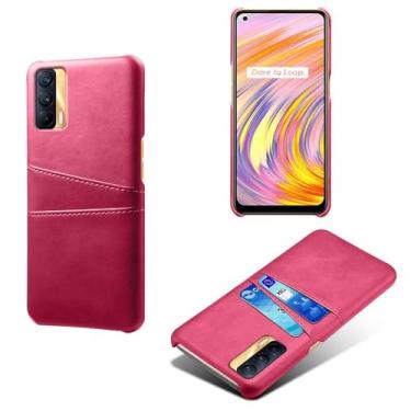 Imagem de Capas Compatível com OPPO Realme V15 5G,tampa protetora de couro falso,design de saco de cartão com 2 fendas de cartão atrás,proteção anti-impressão digital e anti-gota-Rose Red