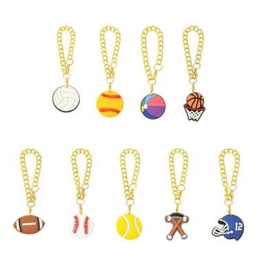 Imagem de LiQunSweet Pingentes de plástico PVC com tema esportivo de 101 mm de comprimento, 9 peças, pingentes, basquete, vôlei, rúgbi, tênis, corrente de liga de zinco, para decoração DIY com alça de garrafa e